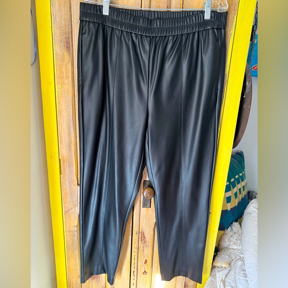 NWT- Ann Taylor Black Faux Leather Trousers
with elastic waist .